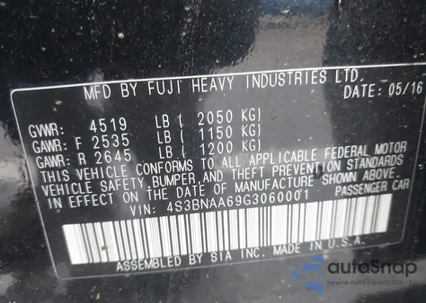 2016 Subaru Legacy 2.5I from USA, damaged, VIN 4S3BNAA69G3060001